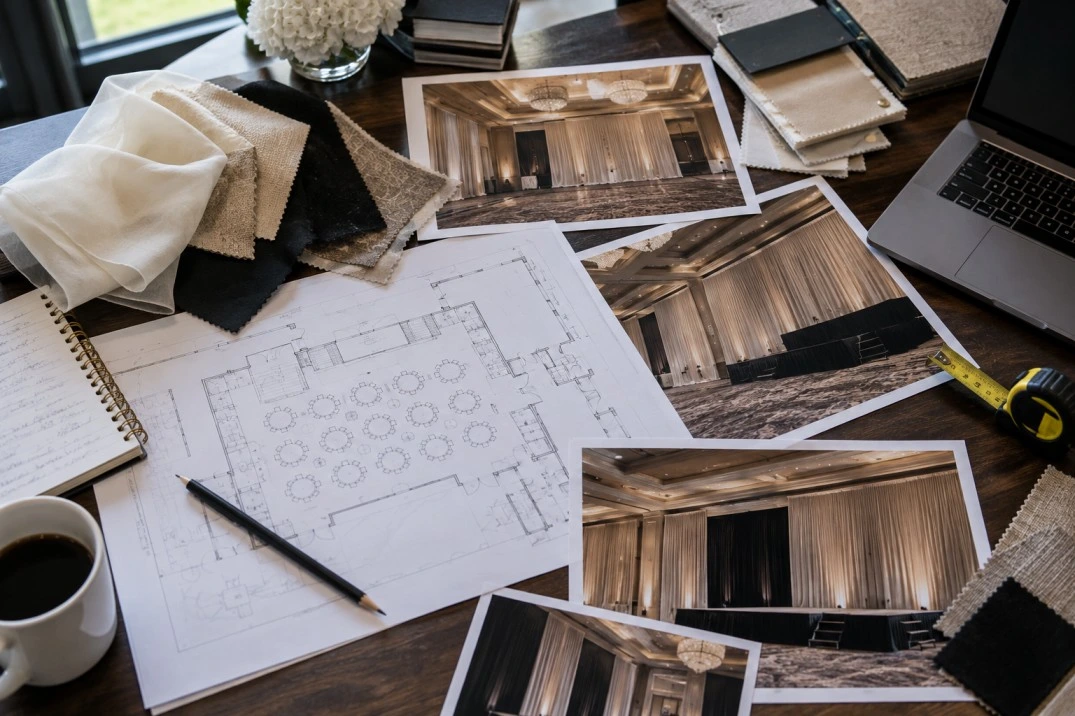 Event planning workspace with venue photographs and floor plan references