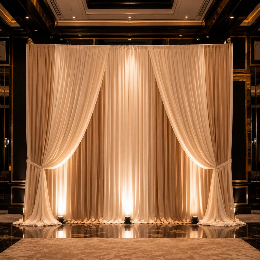 Layered fabric event backdrop with warm lighting
