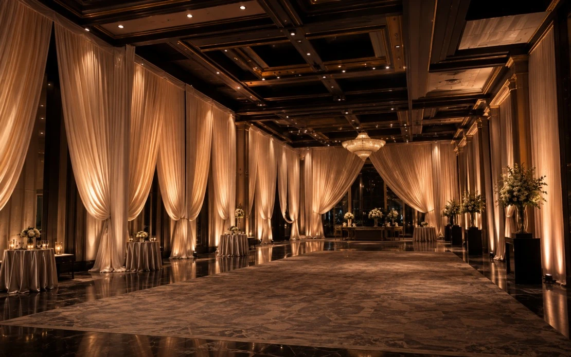 Elegant event venue with floor to ceiling draping and warm ambient lighting