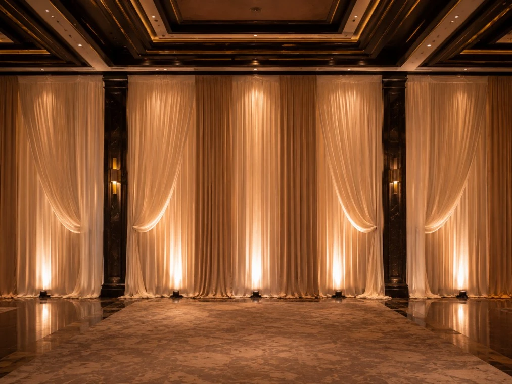 Ivory event draping installed along the walls of an elegant venue