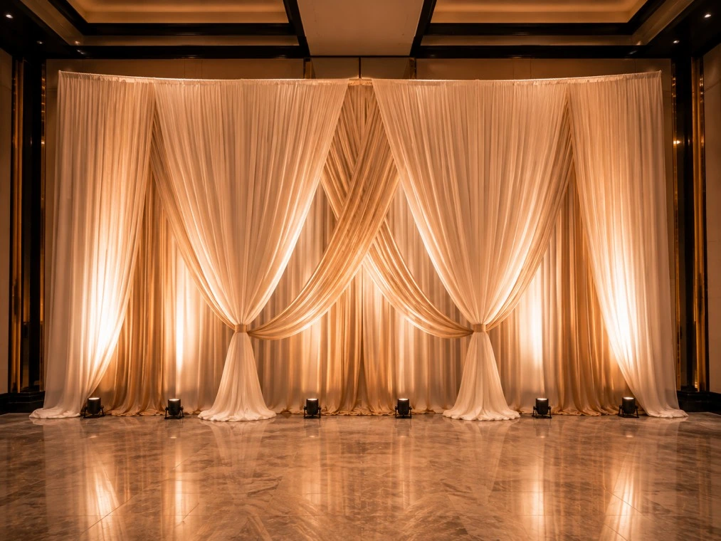 Elegant layered fabric backdrop with warm lighting