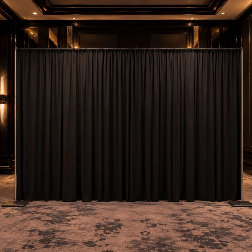 Professional black pipe and drape installation inside an event venue