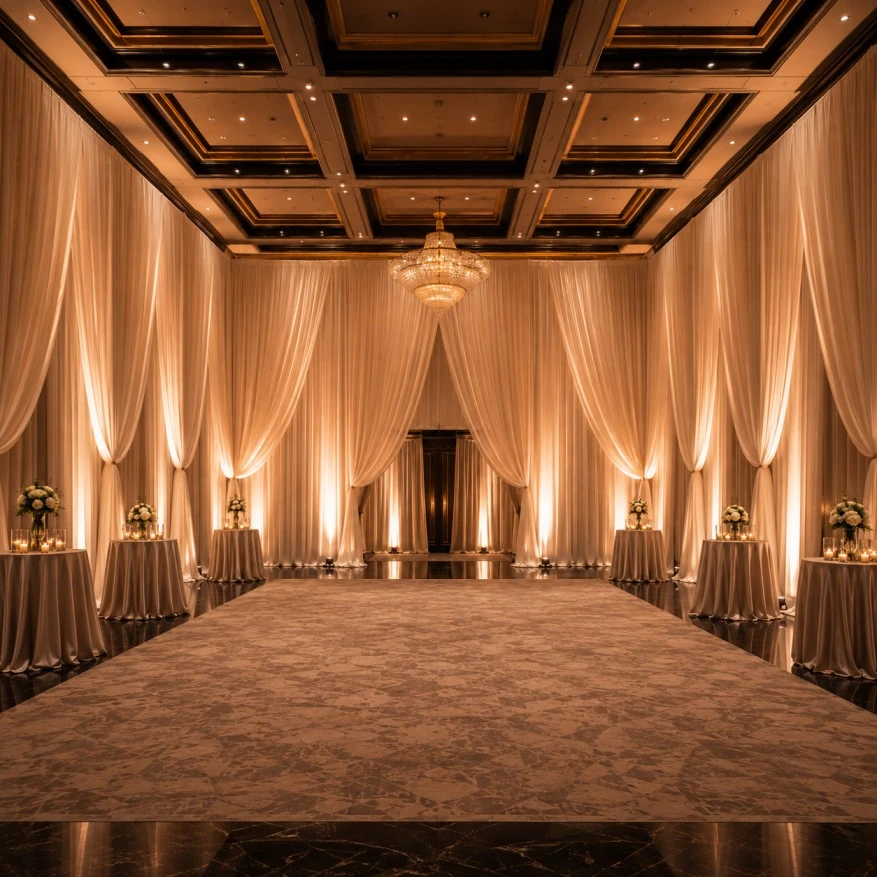 Ballroom transformed with floor to ceiling draping and warm lighting