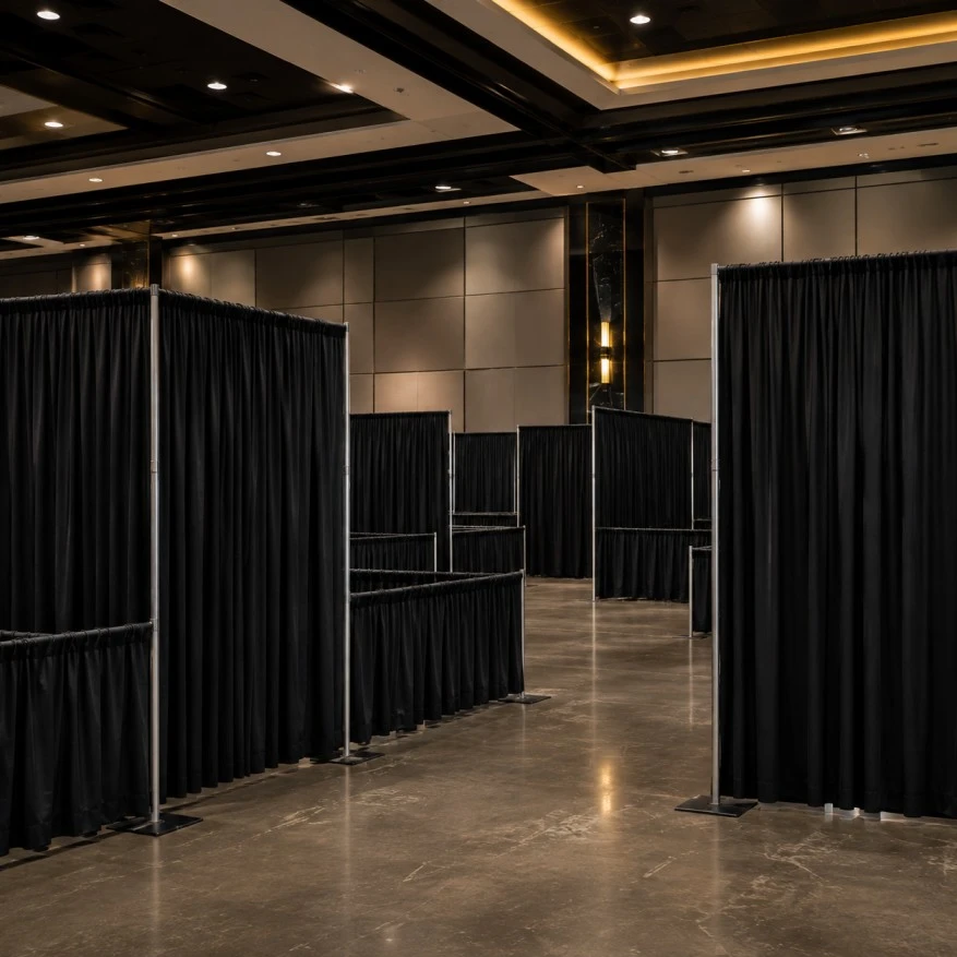 Professional pipe and drape partitions inside a trade show venue