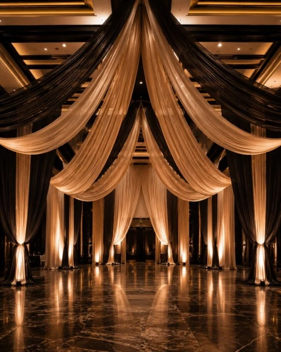 Large event venue transformed with layered fabric draping