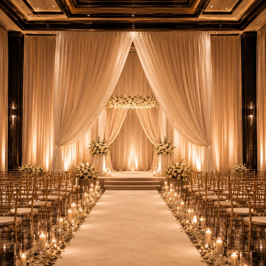 Wedding ceremony space with elegant ivory fabric draping
