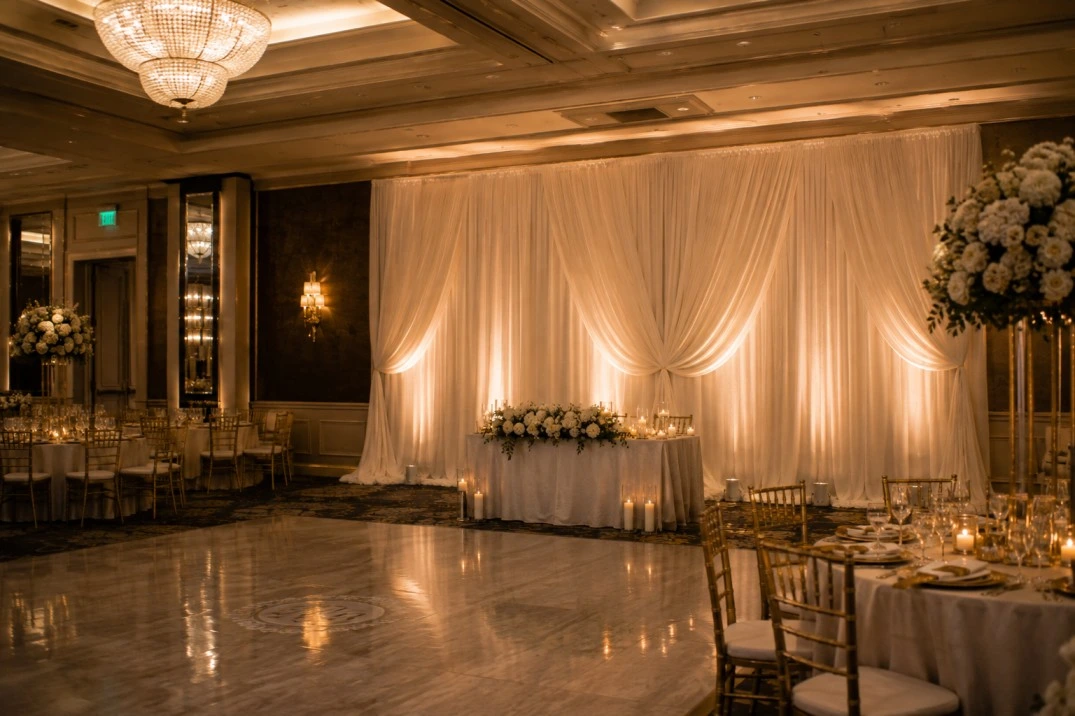 Elegant fabric backdrop inside a real wedding reception venue