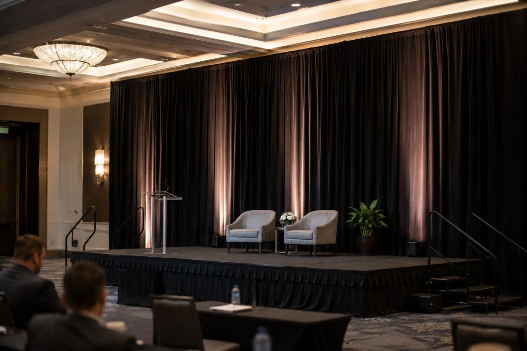 Professional event stage with clean fabric backdrop for a corporate presentation
