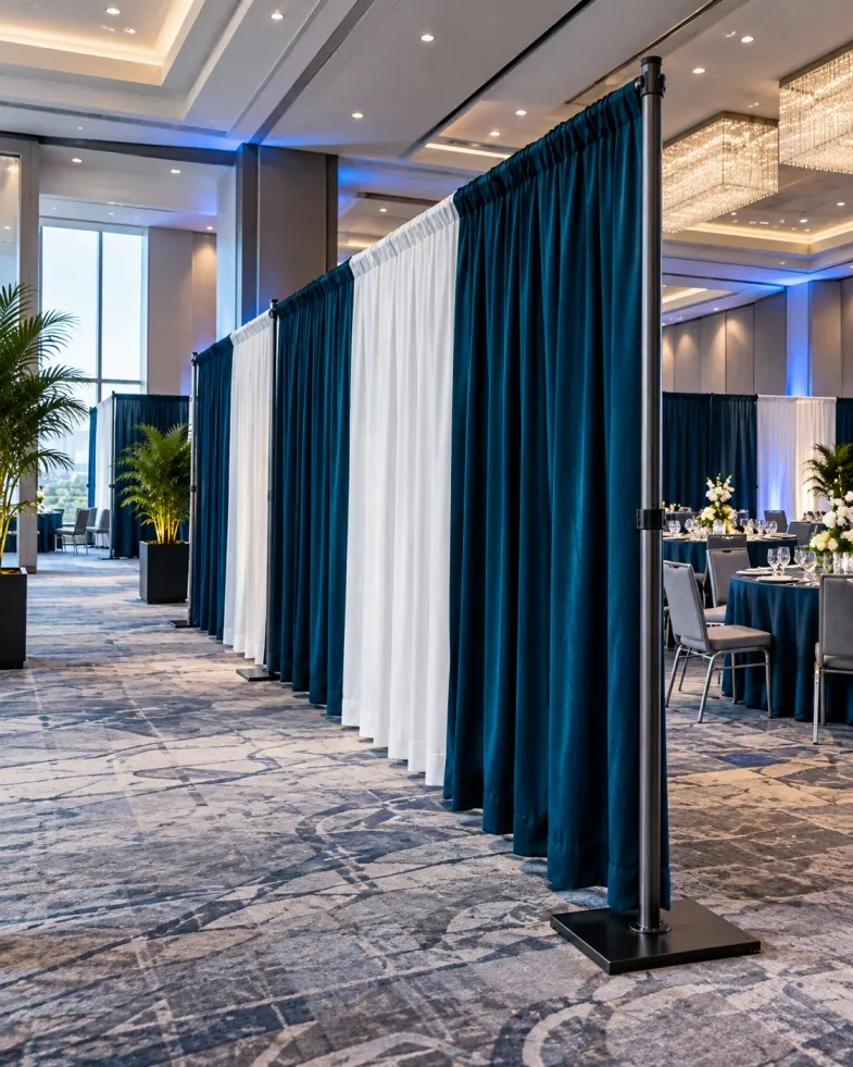 Pipe and drape creating a clean temporary room divider inside an event venue