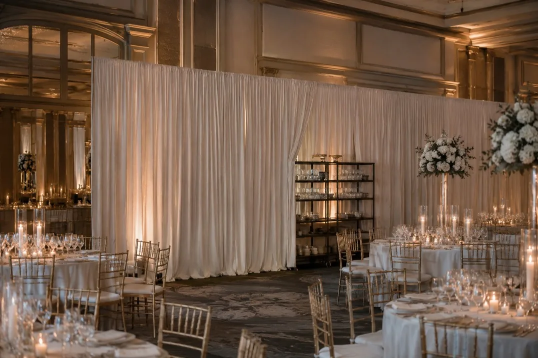 Pipe and drape creating a temporary room divider inside an event venue