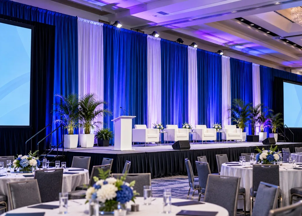 Professional event stage framed by pipe and drape with a clean presentation background