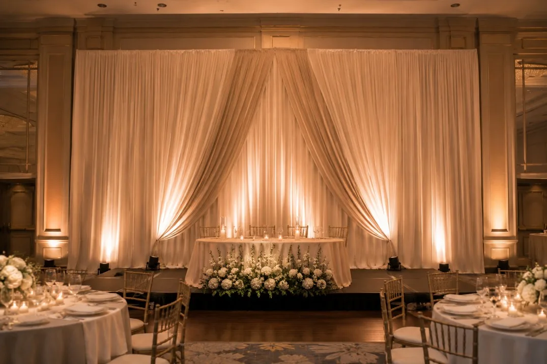 Professional stage framed by pipe and drape for an event presentation