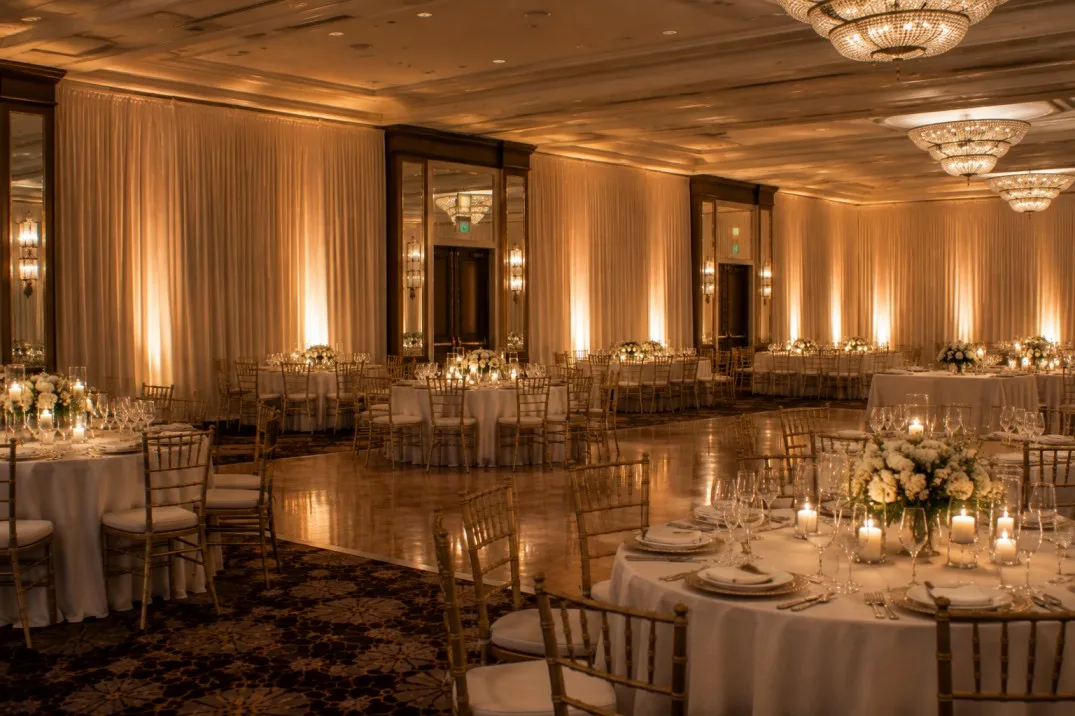 Large ballroom transformed with elegant wall draping and warm event lighting