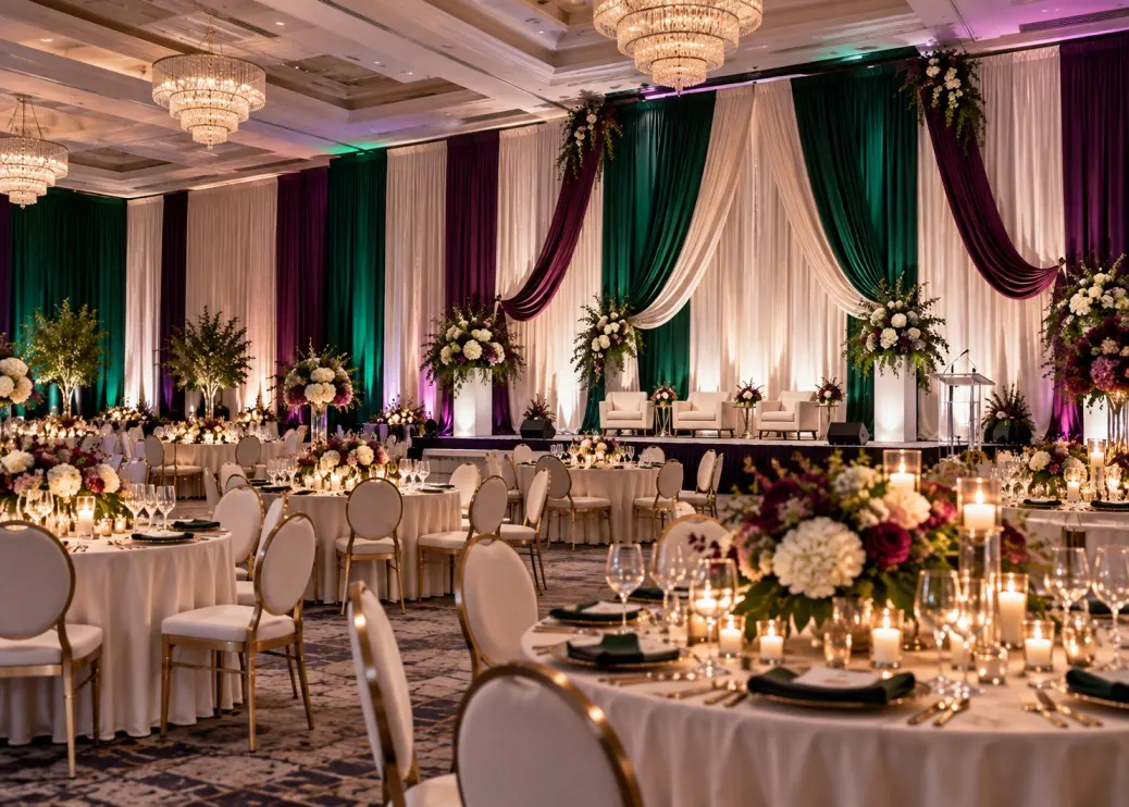 Corporate gala environment with elegant drape treatment and organized stage focus