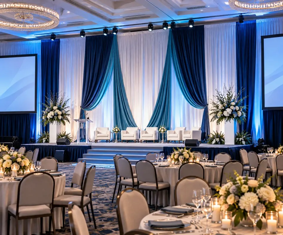 Modern event stage with fabric treatment, lighting, and refined background control