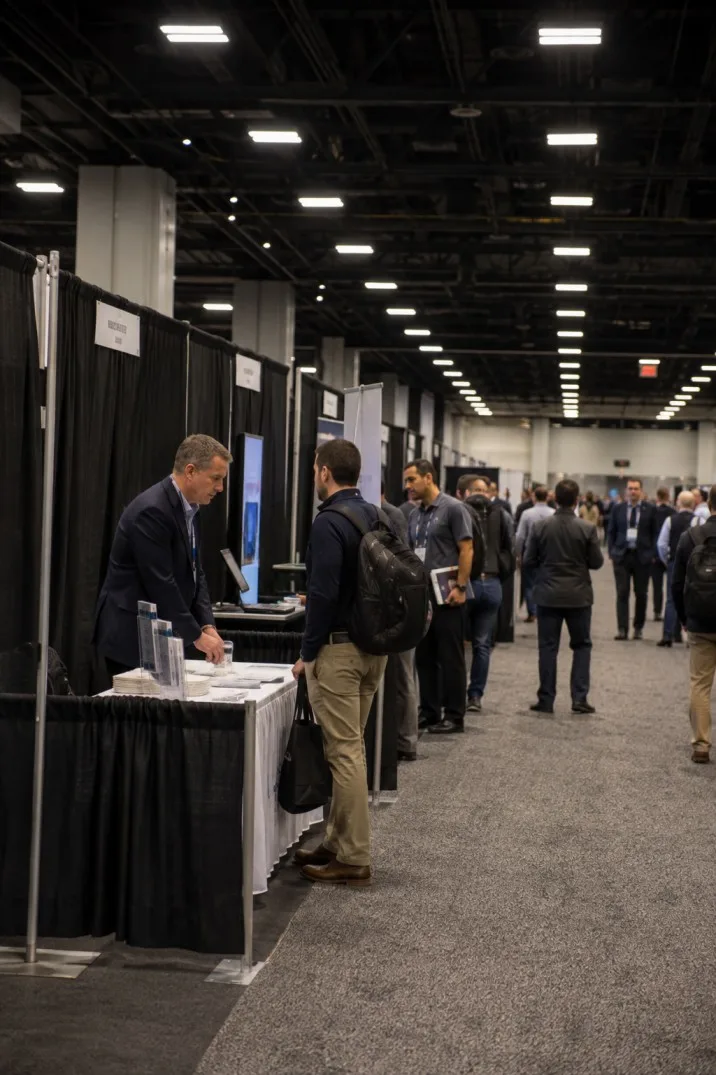 Illustrative trade show exhibit booths separated with professional draping