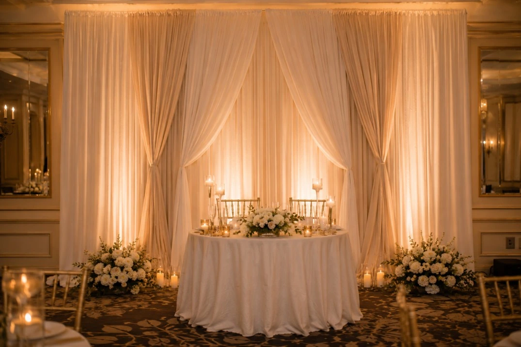 Realistic wedding sweetheart area with elegant ivory fabric backdrop