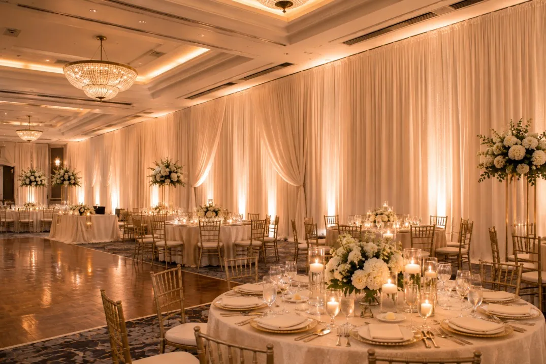Wedding ceremony with elegant ivory draping and a refined fabric backdrop
