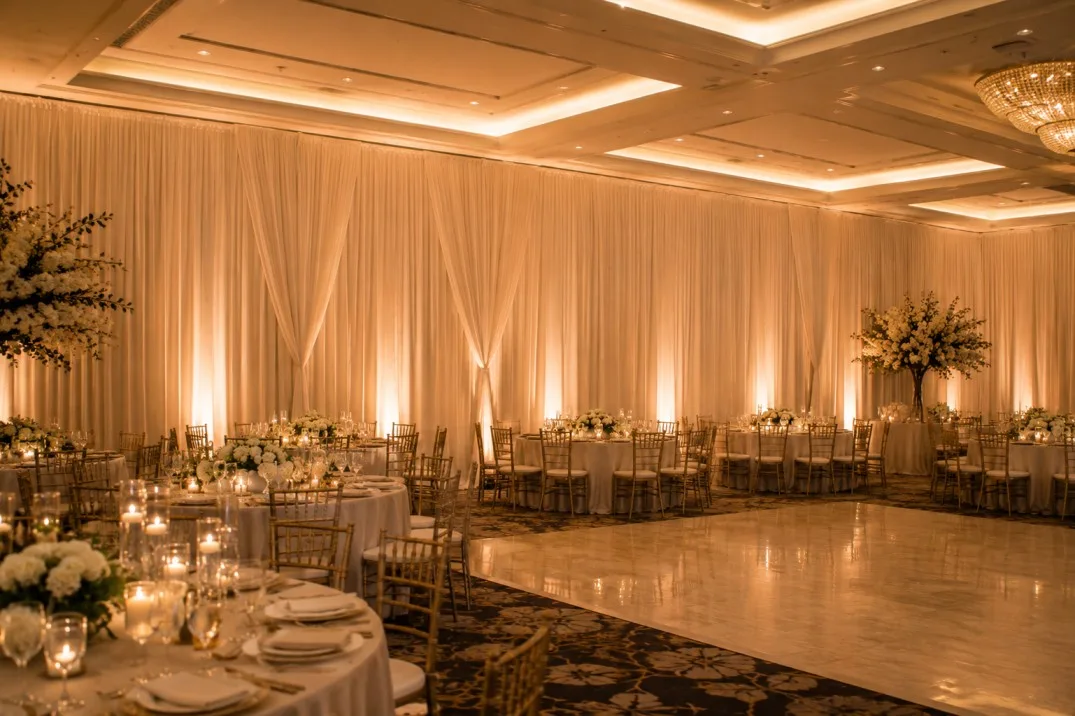 Elegant wedding reception with floor to ceiling fabric draping
